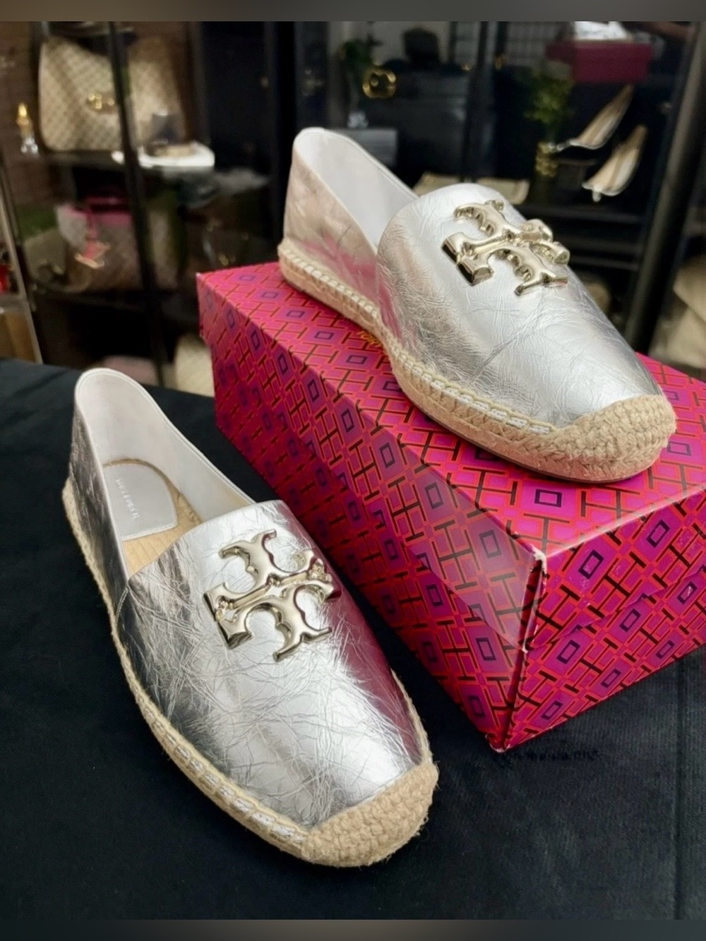 Tory Burch Eleanor Logo Espadrille Leather Flat Metallic Silver US 11. - Picture 5 of 9